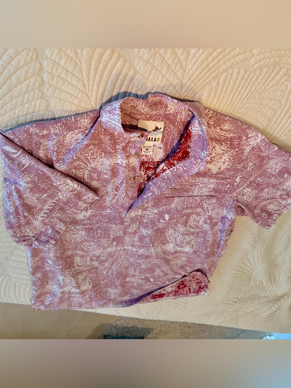 🏝️ KAHALA 1936 Aloha pullover tapa kapa red Hawaiian aloha EUC LN Med surf ocean